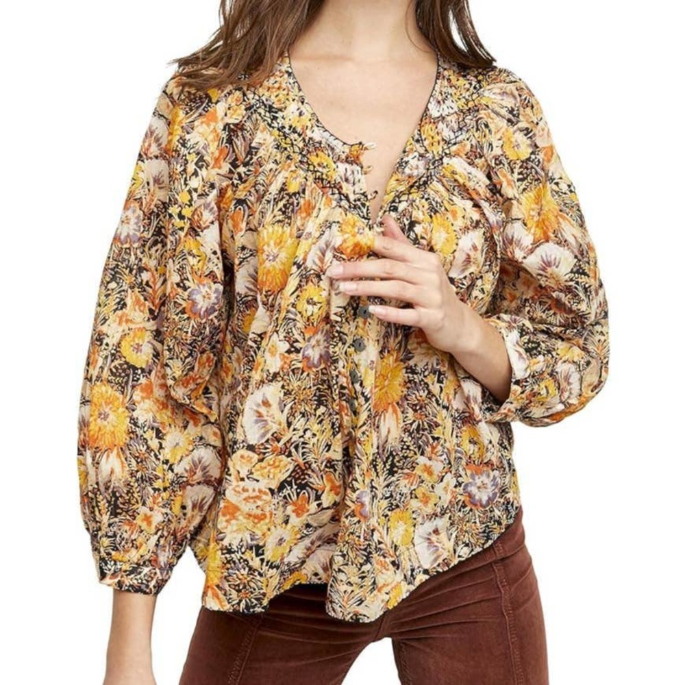We Tha Free Cool Meadow Floral Printed Long Sleeve Blouse Top Midnight Combo L